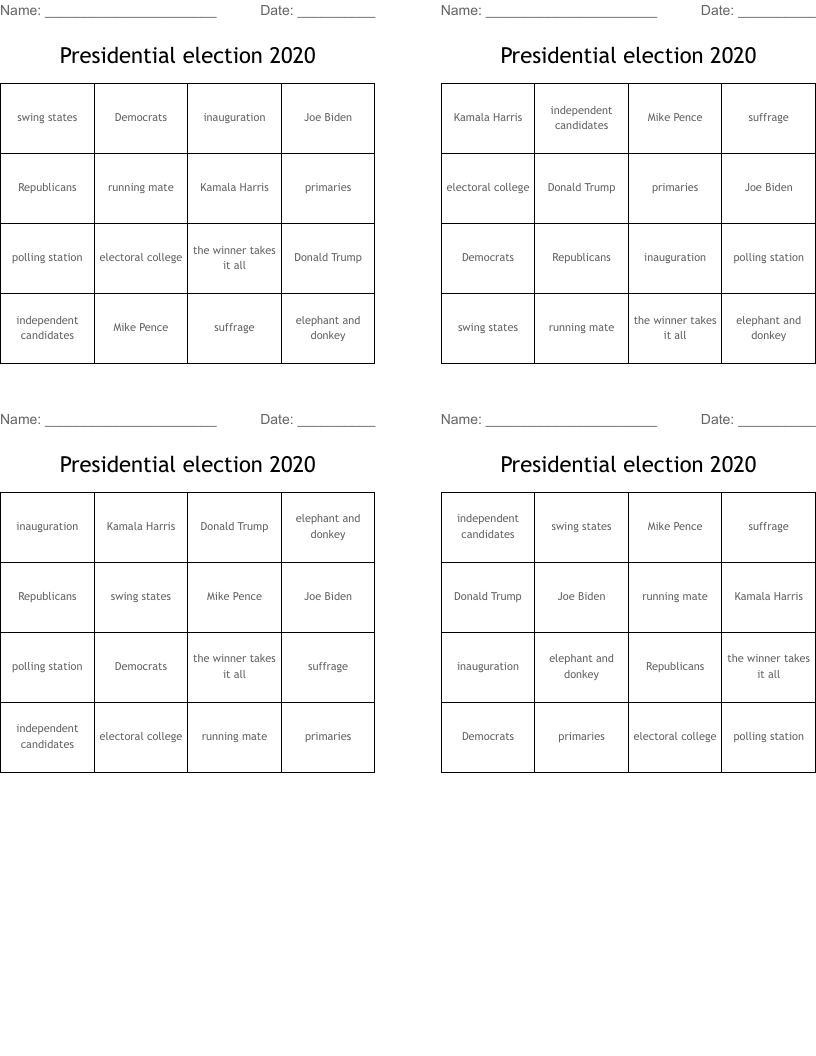Presidential election 2020 Bingo Cards