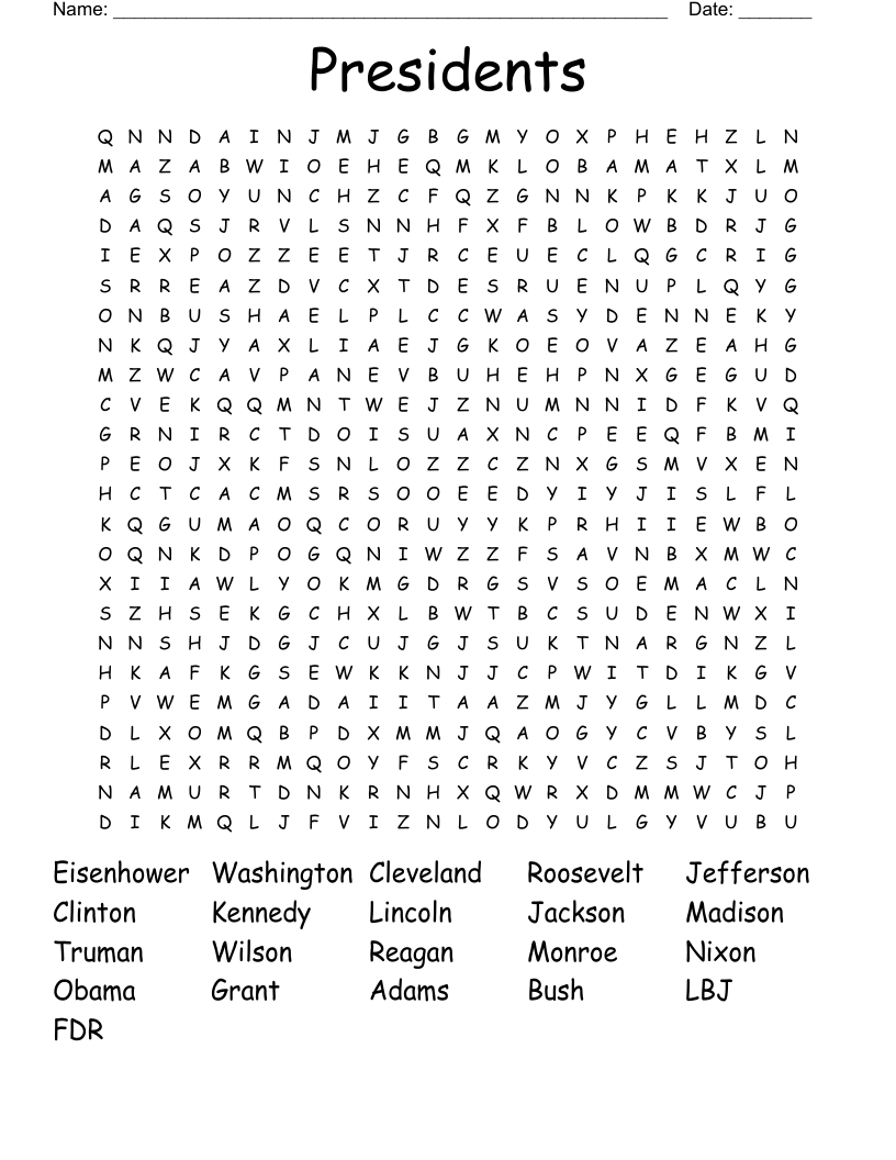 Presidents Word Search