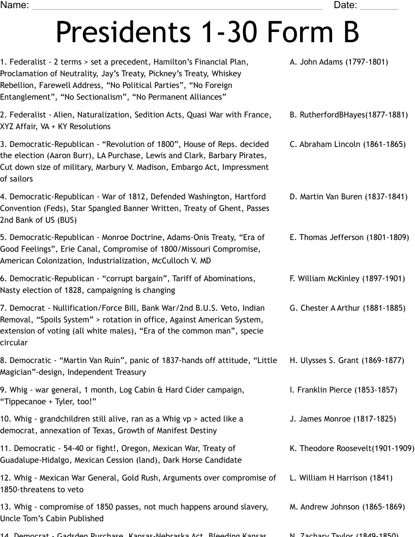 Presidents 1-30 Form B Worksheet