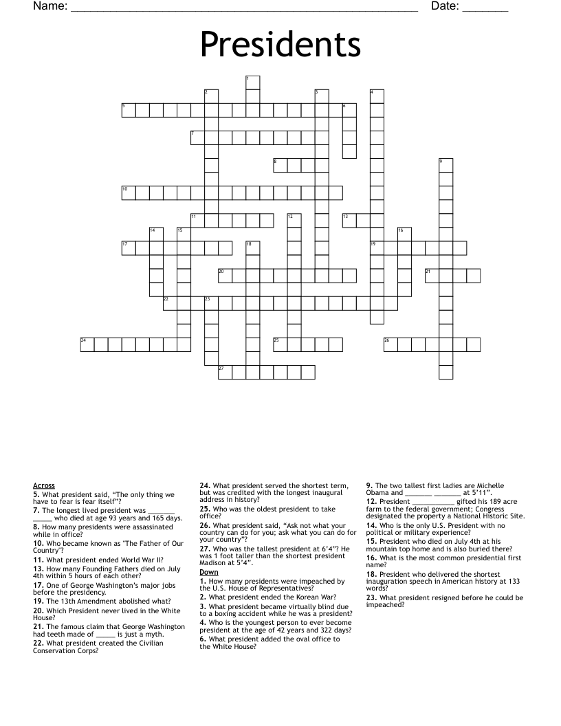 Presidents Crossword