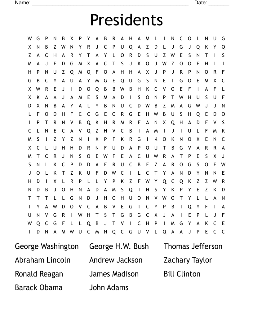 Presidents Word Search