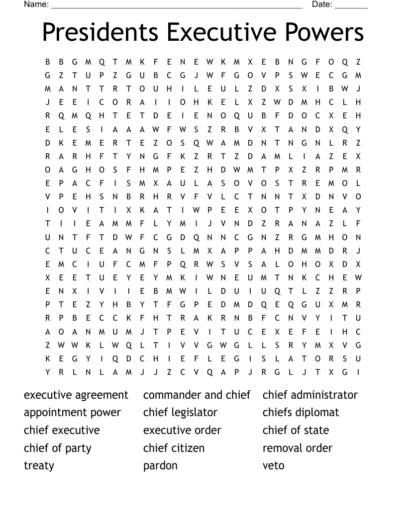 Presidents Executive Powers Word Search