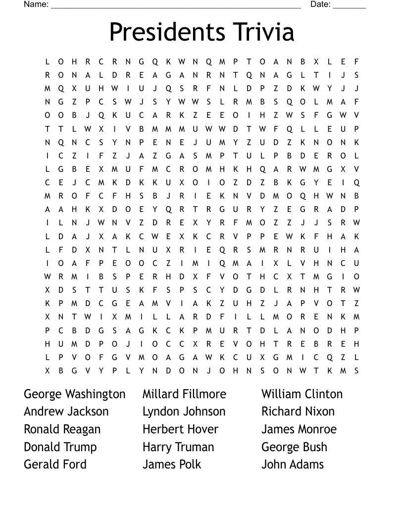 Presidents Trivia Word Search