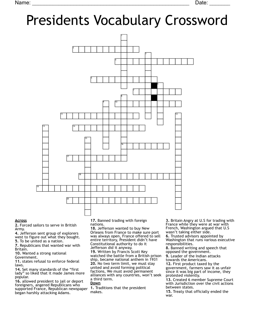 Presidents Vocabulary Crossword