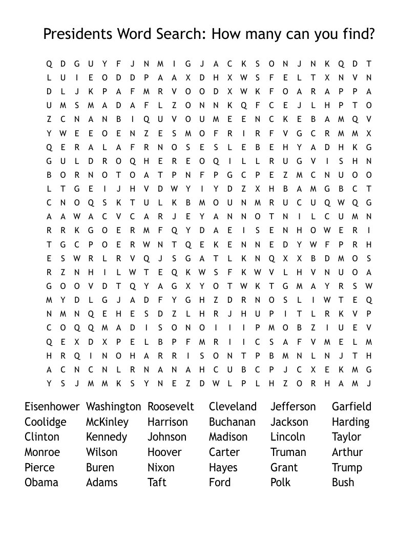 Presidents Word Search: How many can you find?