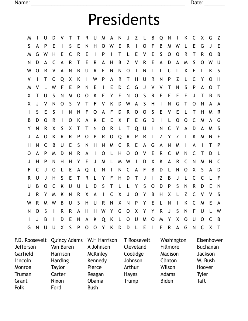 Presidents  Word Search