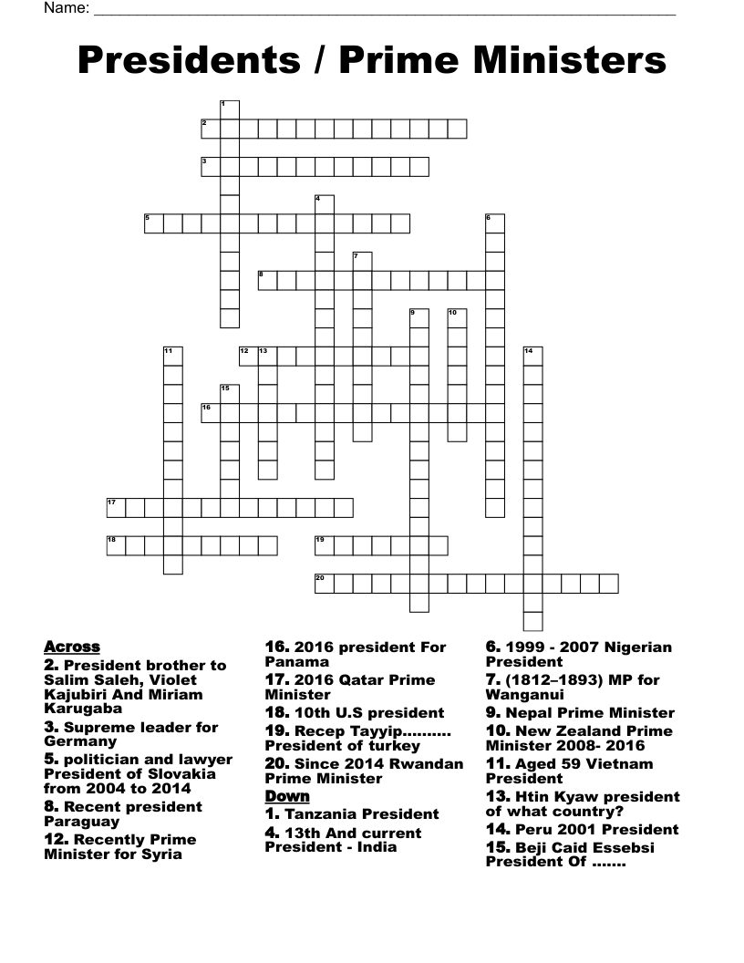 Presidents / Prime Ministers Crossword