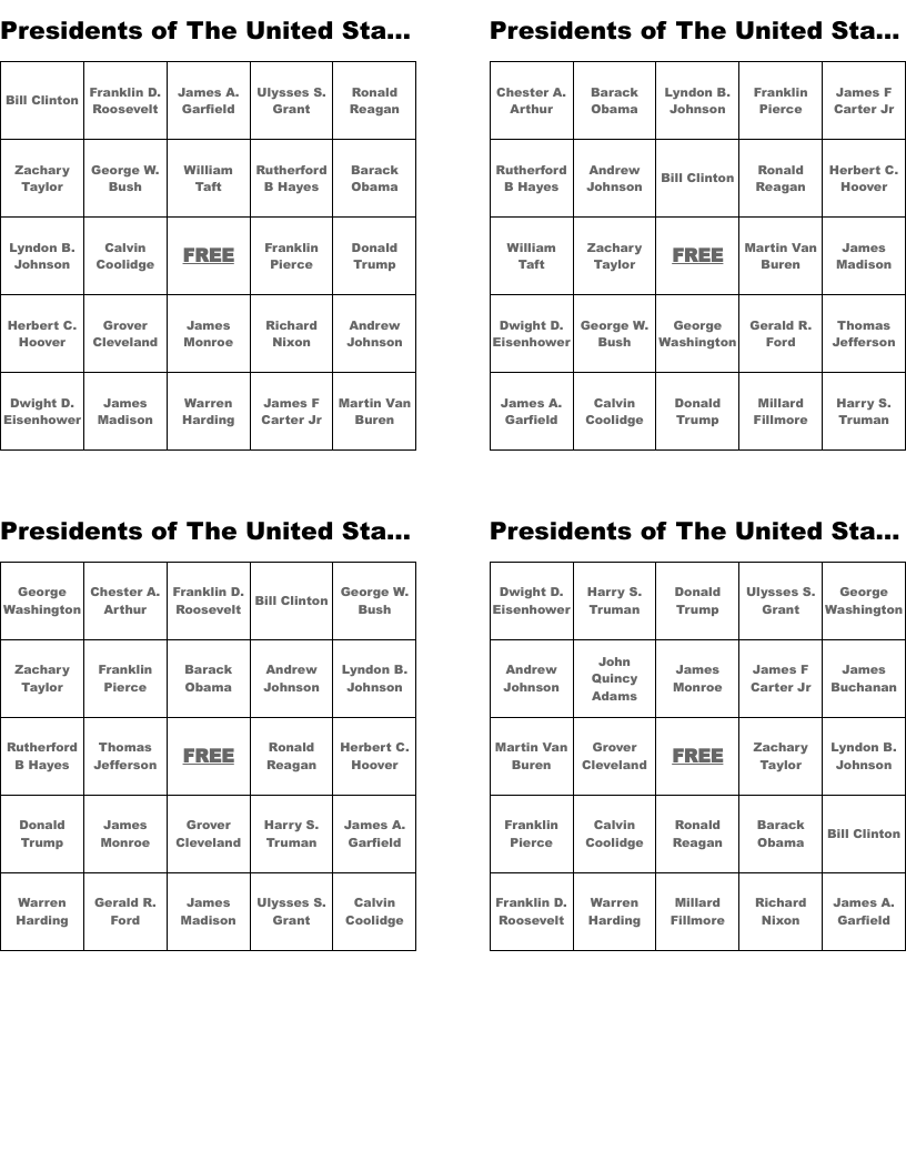 Presidents of The United States Bingo Cards