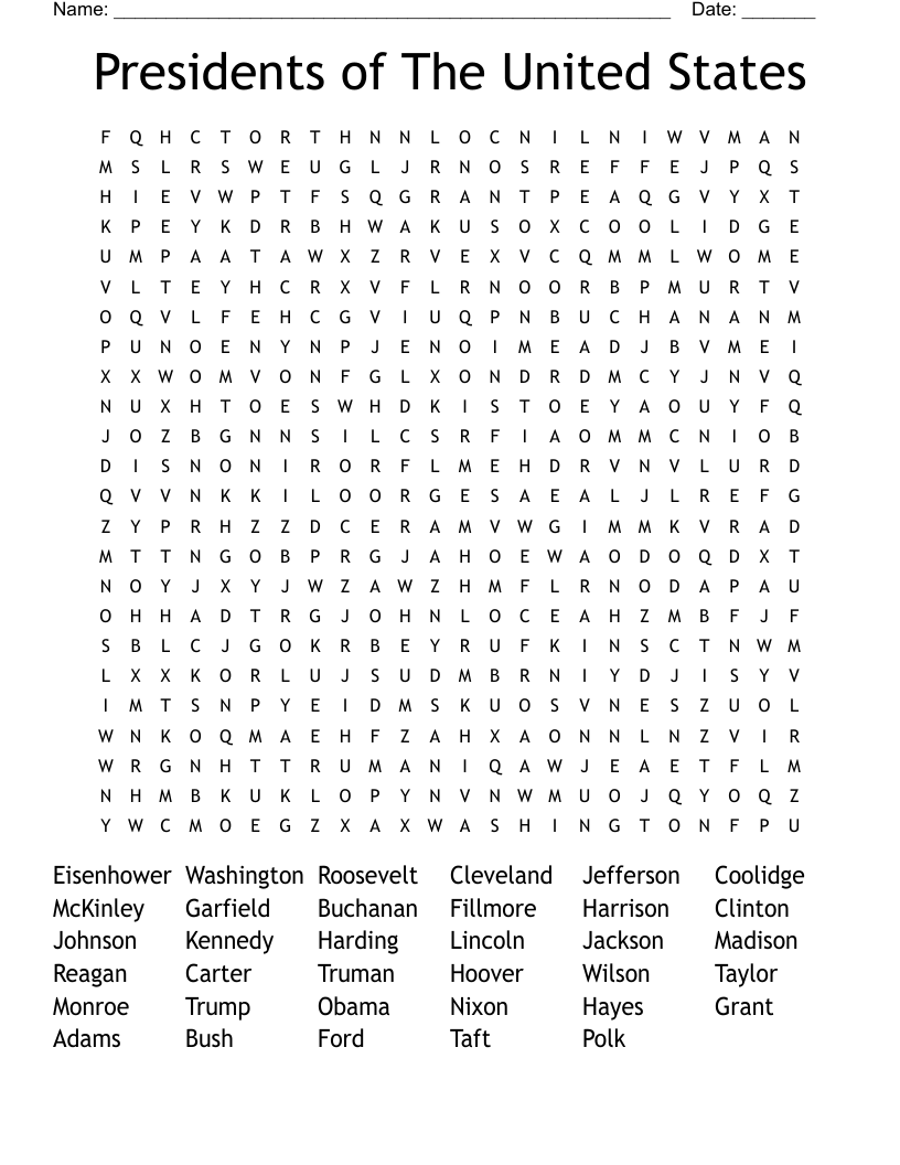 Presidents of The United States Word Search
