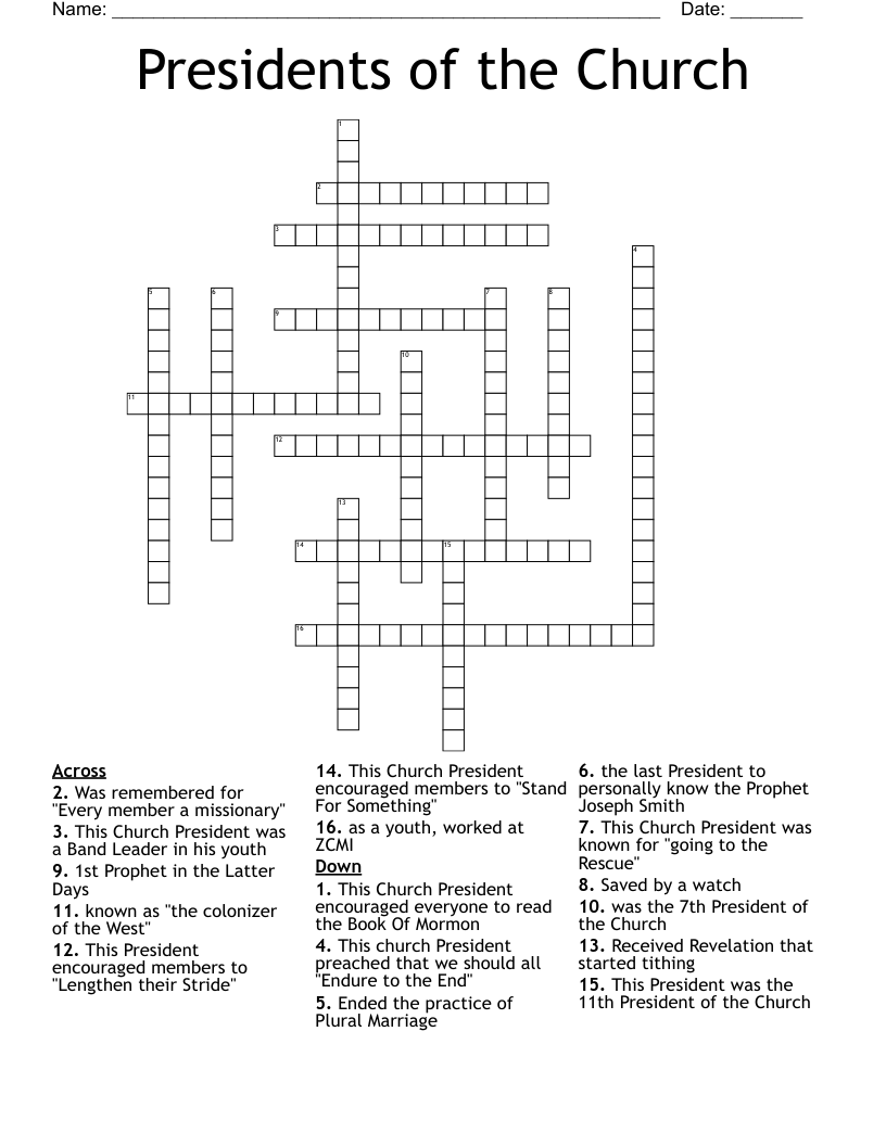 Presidents of the Church Crossword