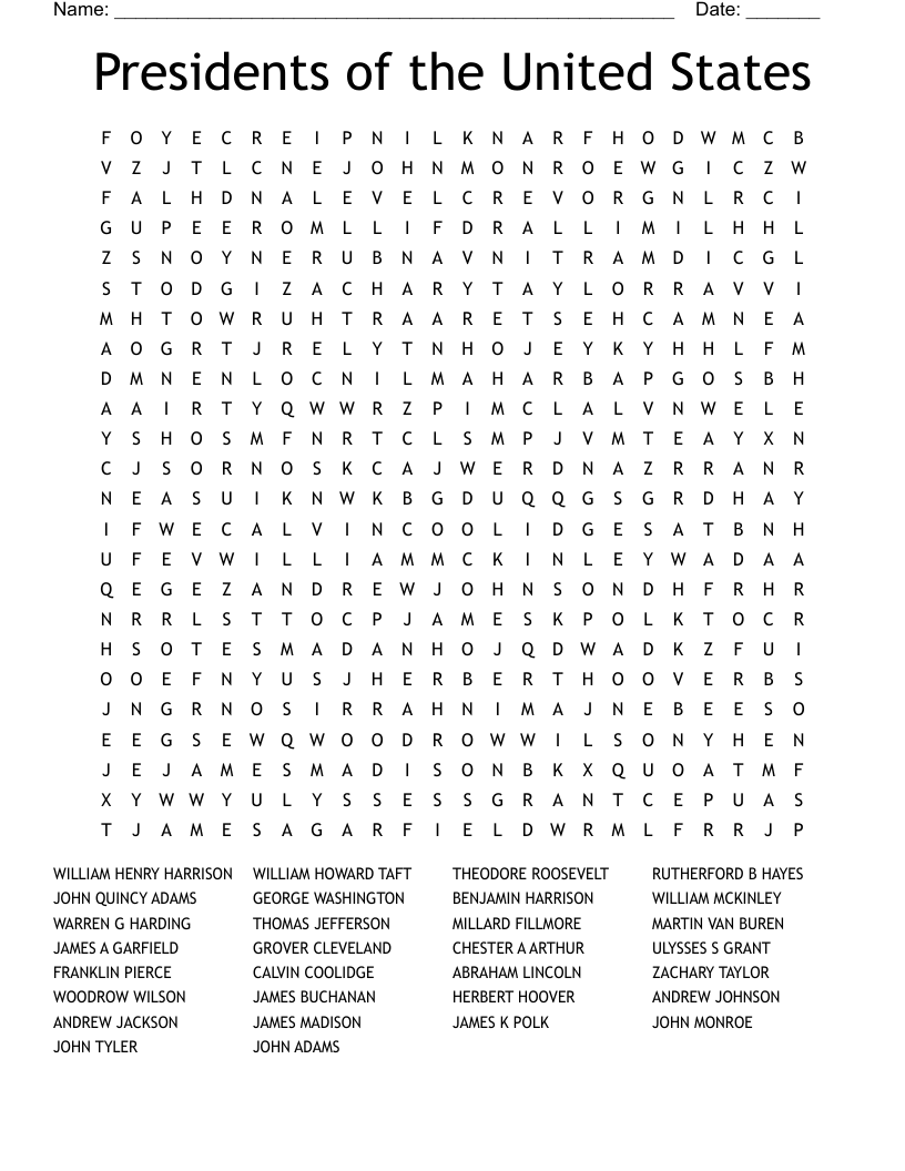 Presidents of the United States Word Search