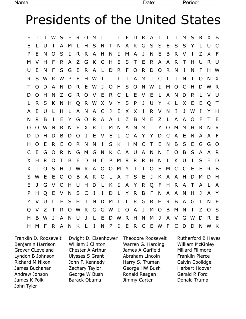 Presidents of the United States Word Search