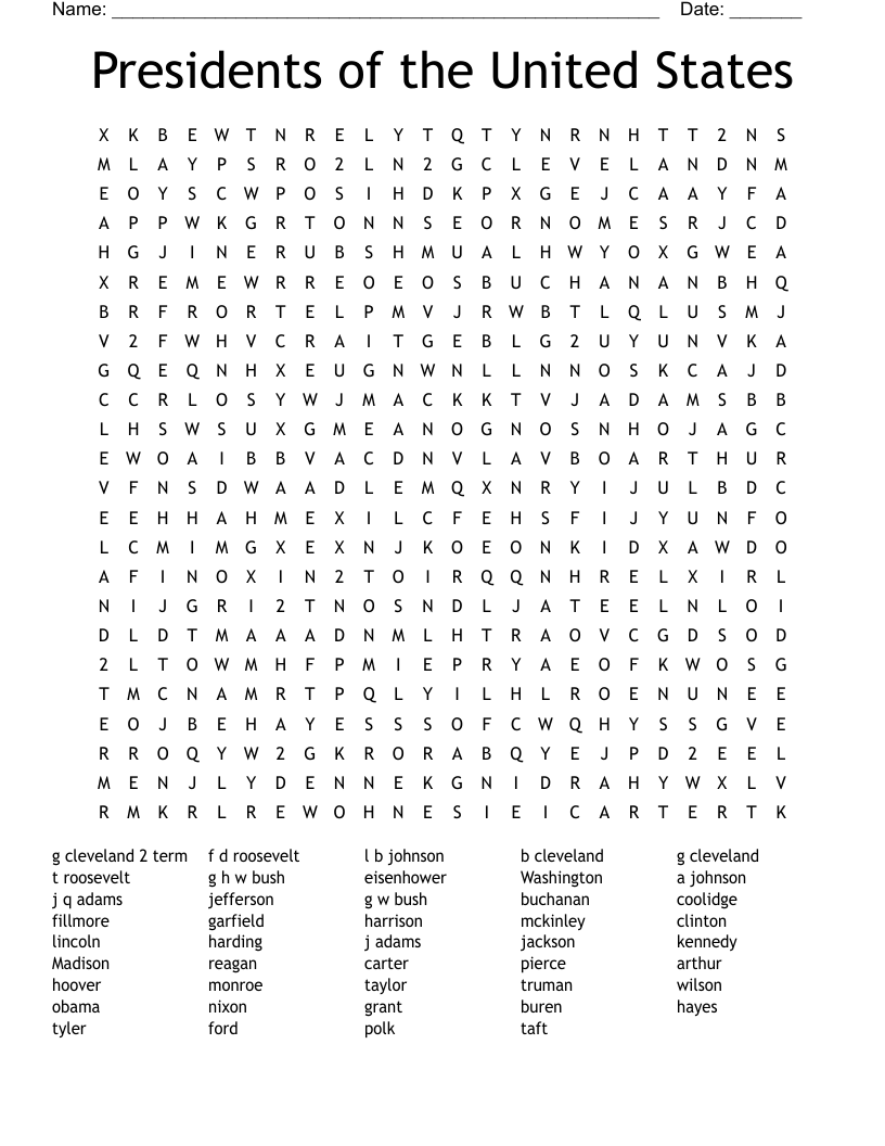 Presidents of the United States Word Search