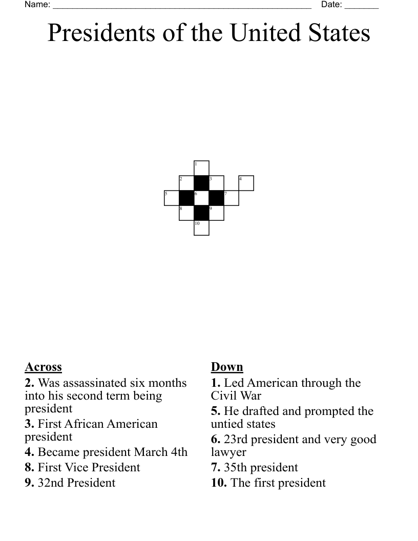 Presidents of the United States Crossword