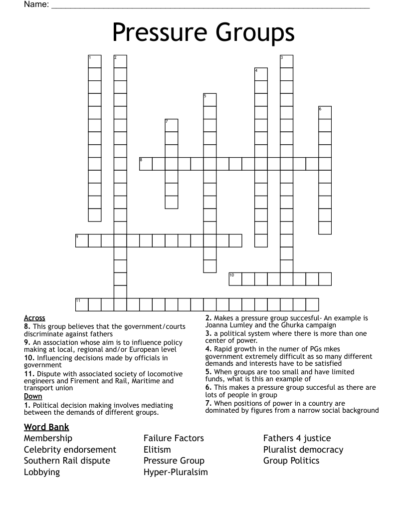 Pressure Groups  Crossword