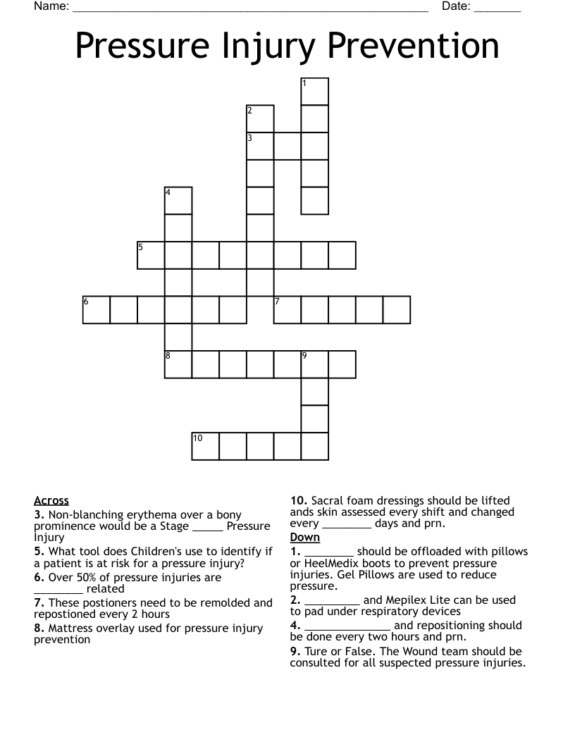 Pressure Injury Prevention Crossword
