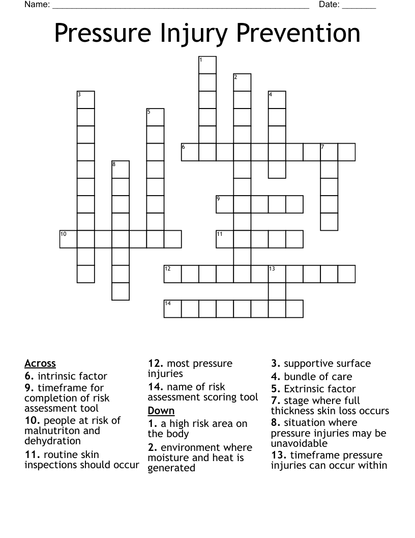 Pressure Injury Prevention Crossword