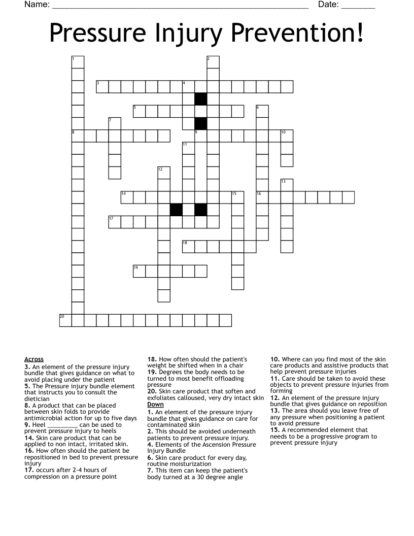 Pressure Injury Prevention! Crossword