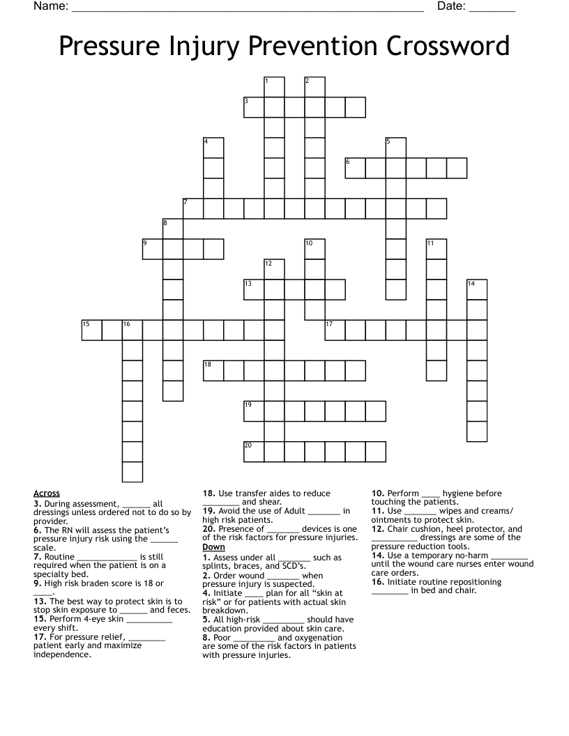 Pressure Injury Prevention Crossword