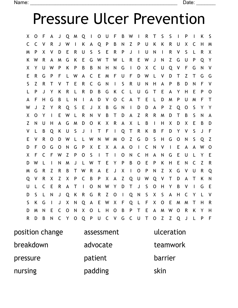 Pressure Ulcer Prevention Word Search