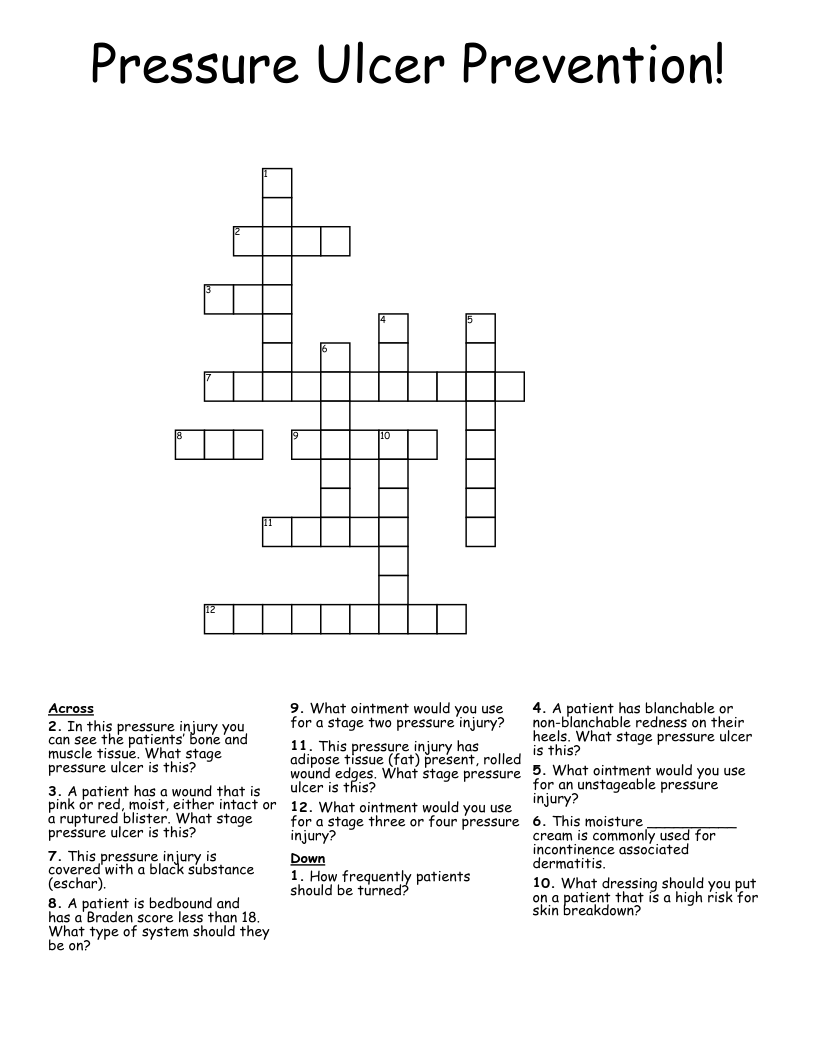 Pressure Ulcer Prevention! Crossword