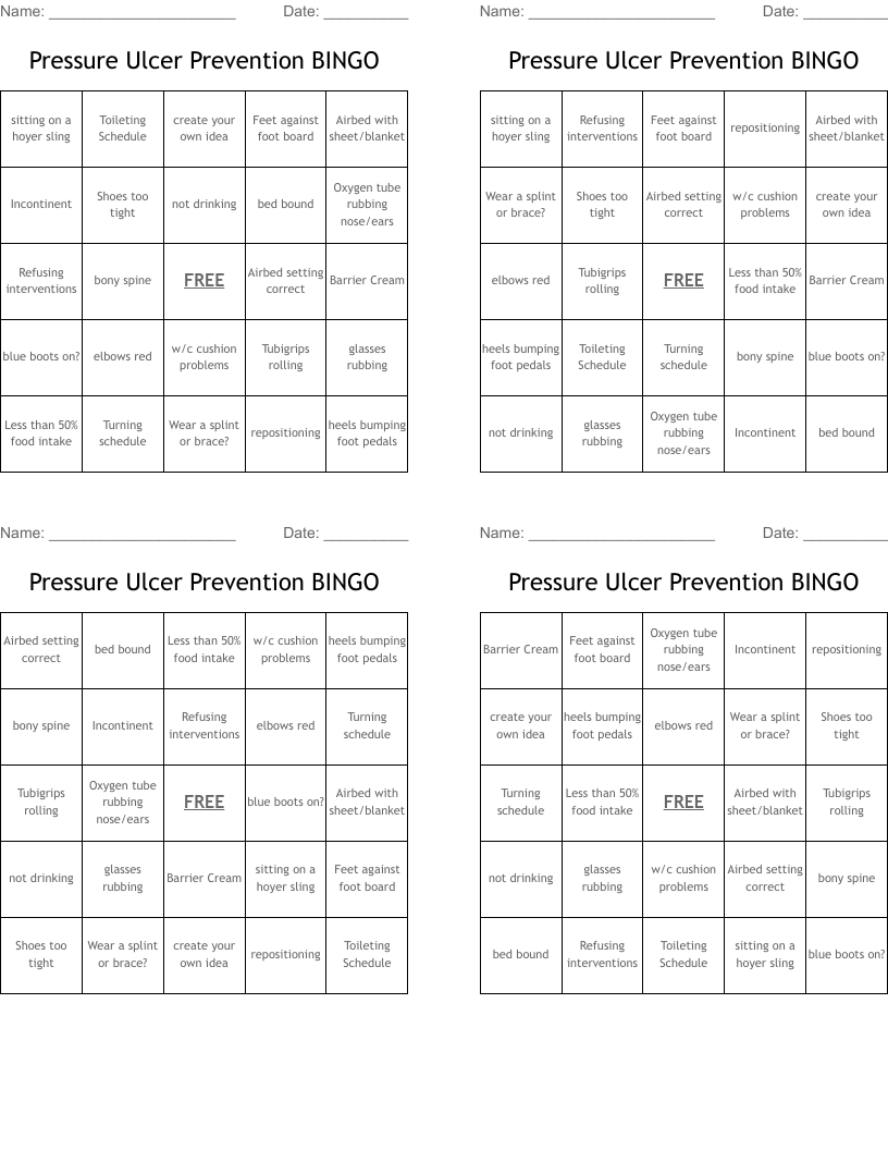 Pressure Ulcer Prevention BINGO