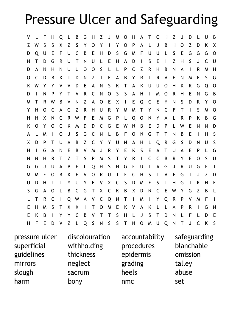 Pressure Ulcer and Safeguarding Word Search