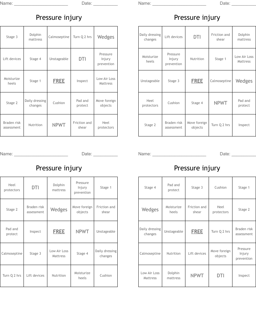 Pressure injury Bingo Cards