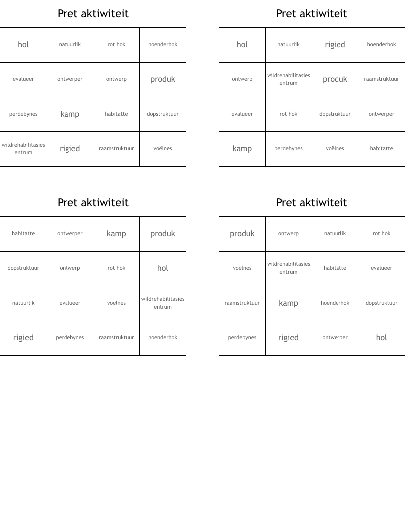 Pret aktiwiteit  Bingo Cards