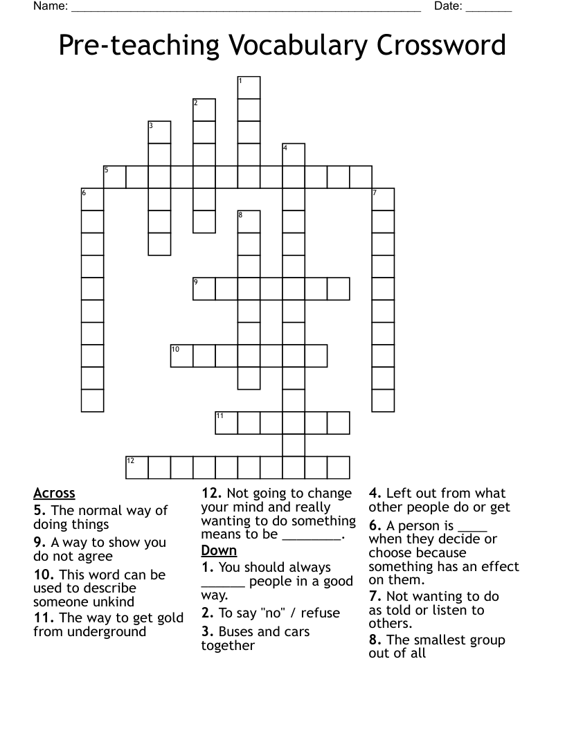 Pre-teaching Vocabulary Crossword