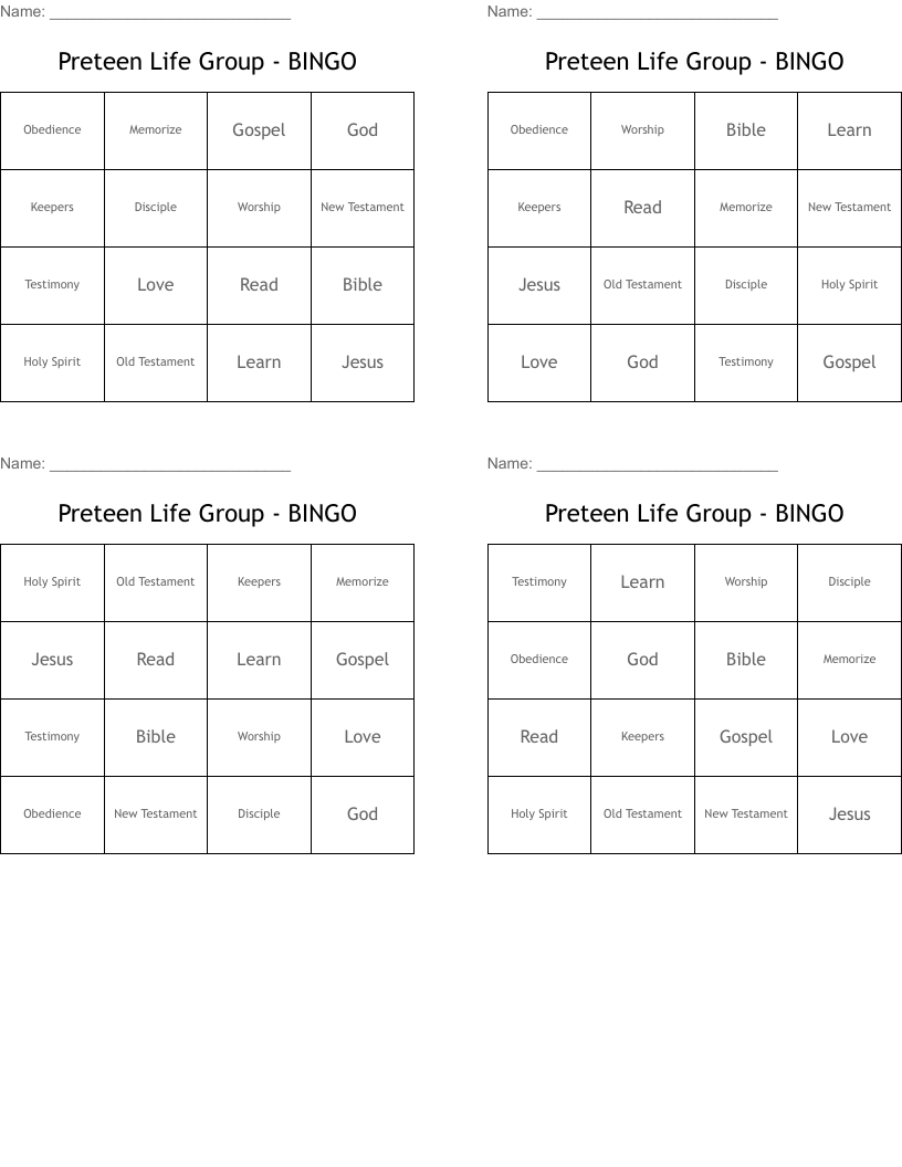 Preteen Life Group - BINGO