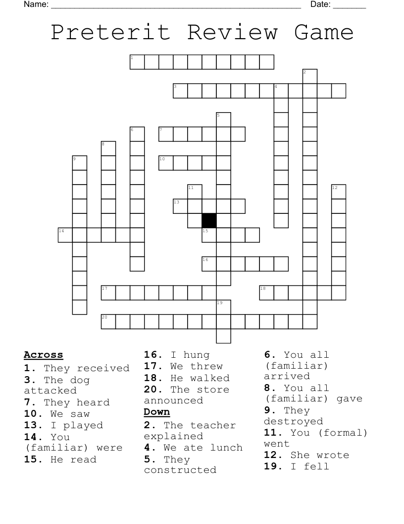 Preterit Review Game Crossword