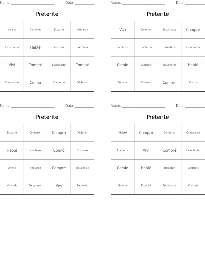 Preterite Bingo Cards