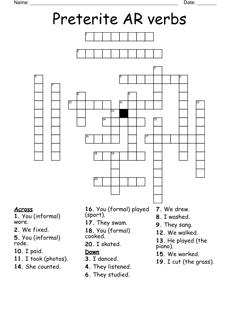 Preterite AR verbs Crossword