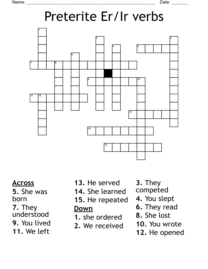 Preterite Er/Ir verbs Crossword