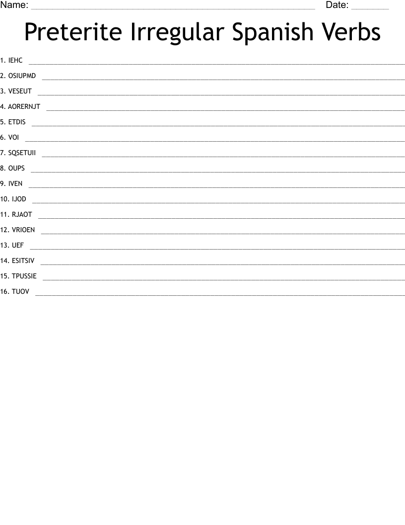 Preterite Irregular Spanish Verbs  Word Scramble