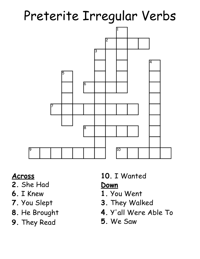 Preterite Irregular Verbs Crossword