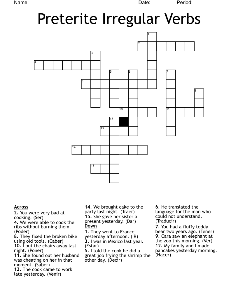 Preterite Irregular Verbs Crossword