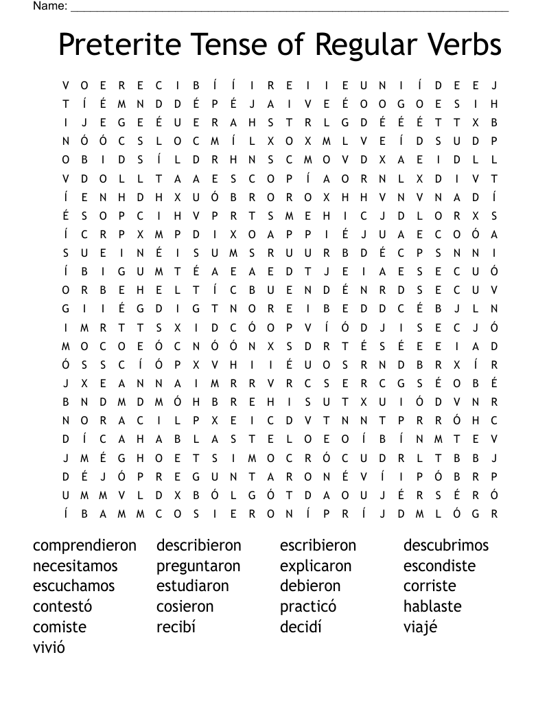 Preterite Tense of Regular Verbs Word Search