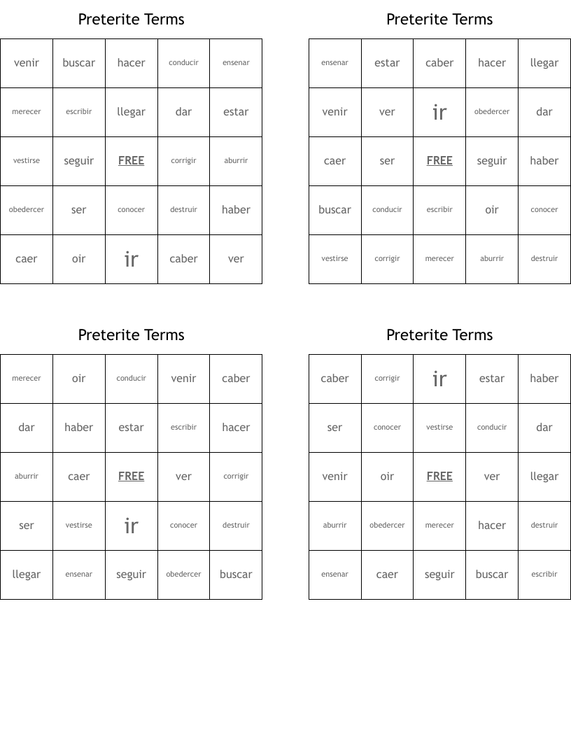 Preterite Terms Bingo Cards