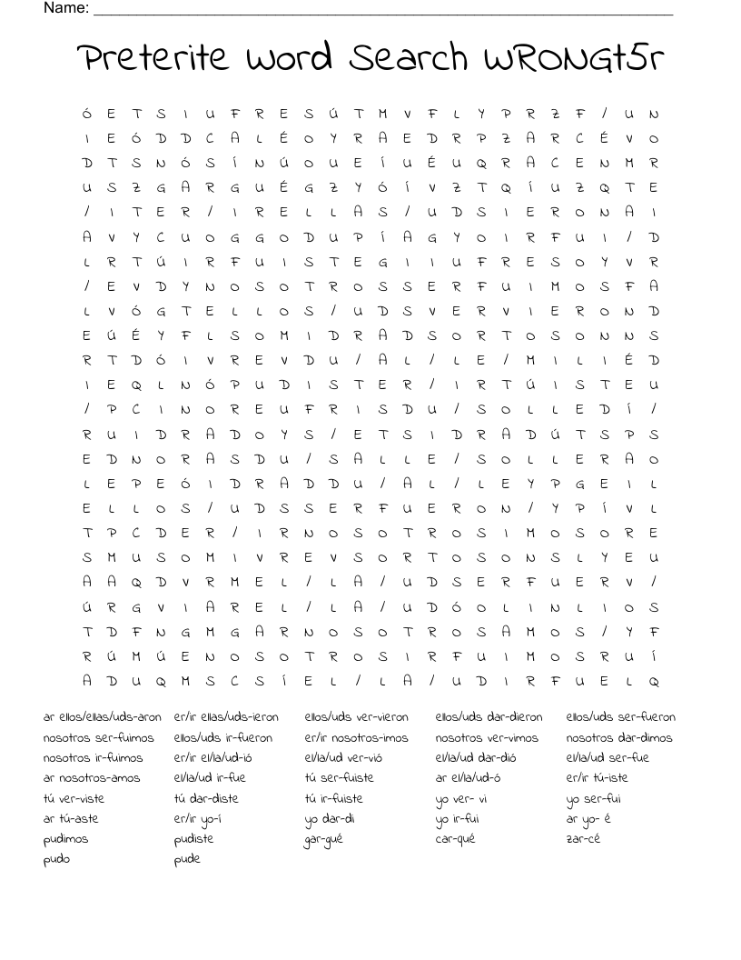 Preterite Word Search WRONGt5r