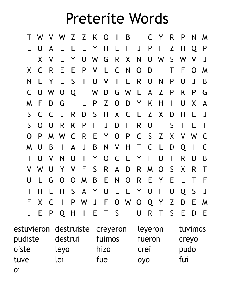Preterite Words Word Search
