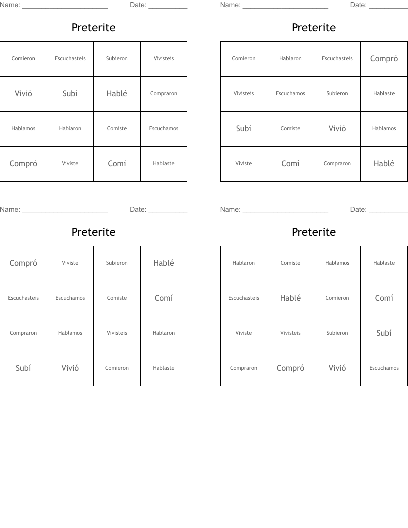 Preterite  Bingo Cards