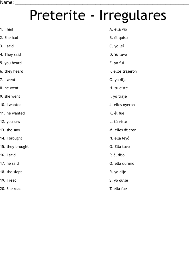 Preterite - Irregulares Worksheet
