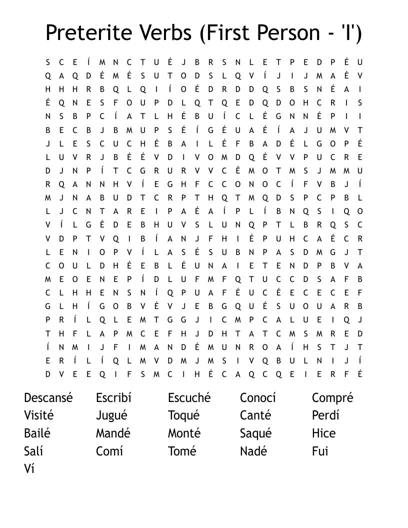 Preterite  Verbs (First Person - 'I') Word Search