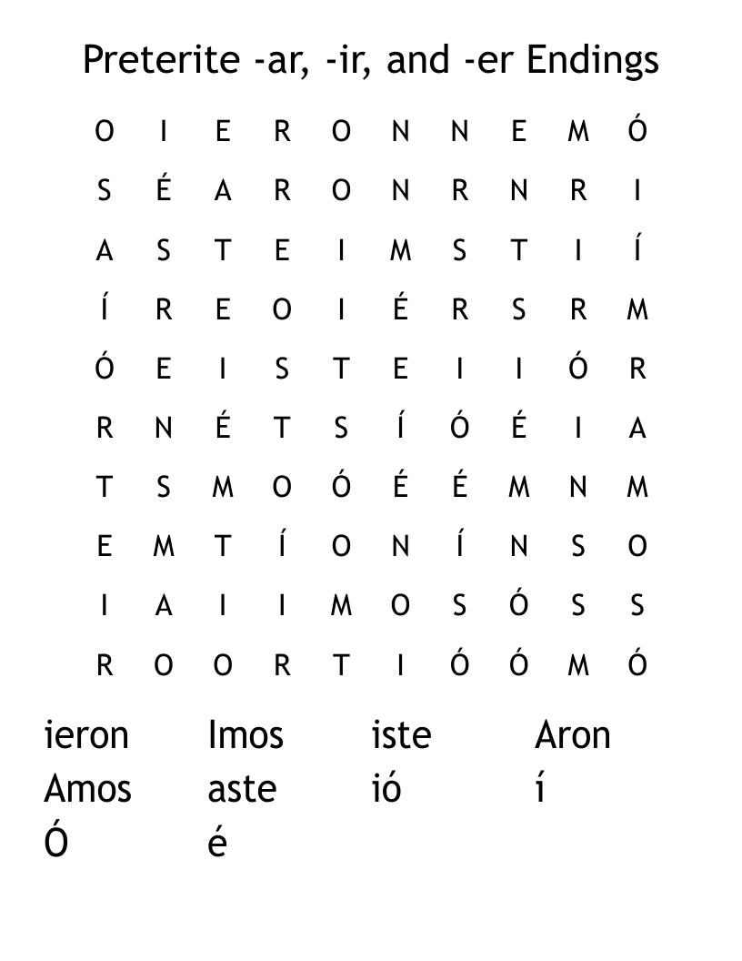 Preterite -ar, -ir, and -er Endings  Word Search