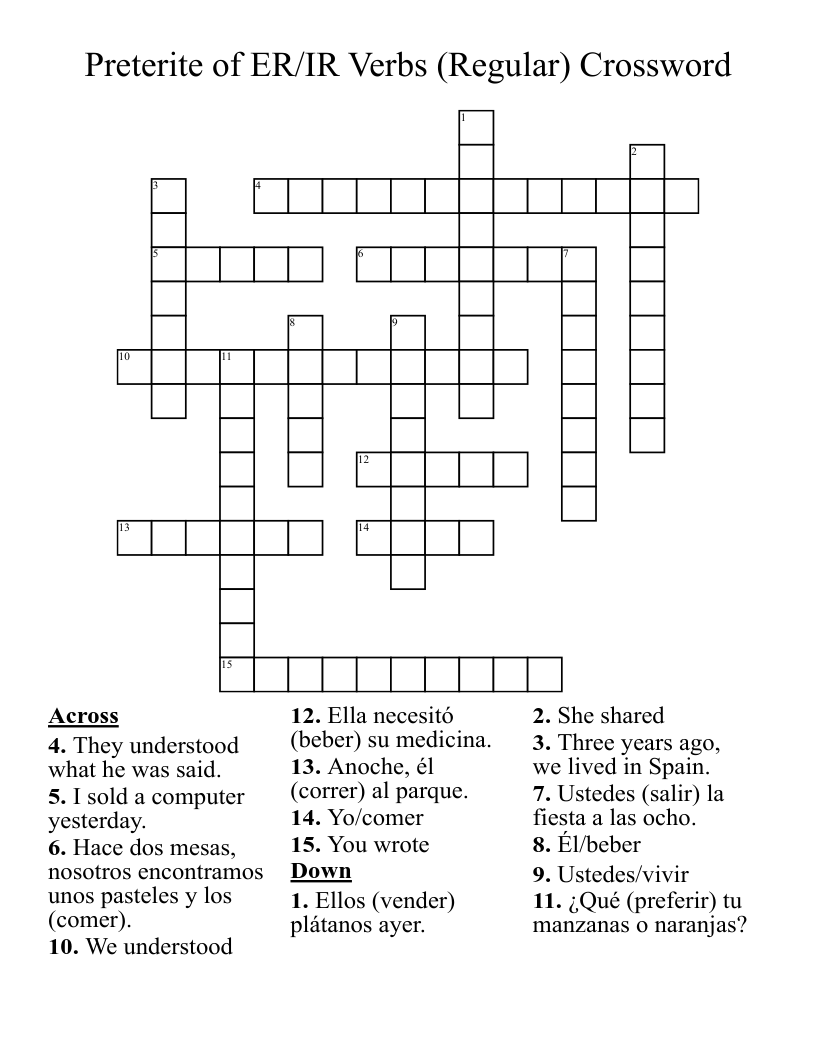 Preterite of ER/IR Verbs (Regular) Crossword