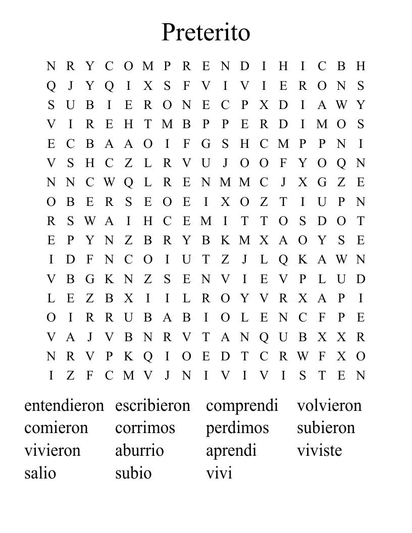Preterito Word Search