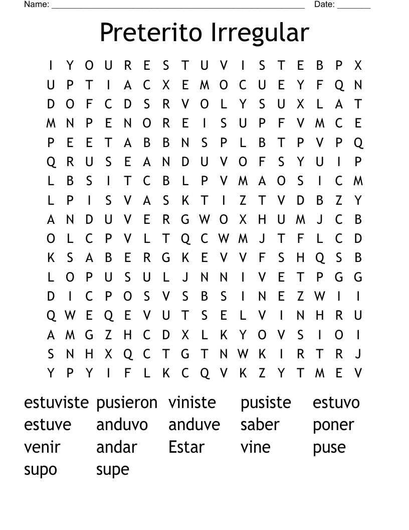 Preterito Irregular Word Search