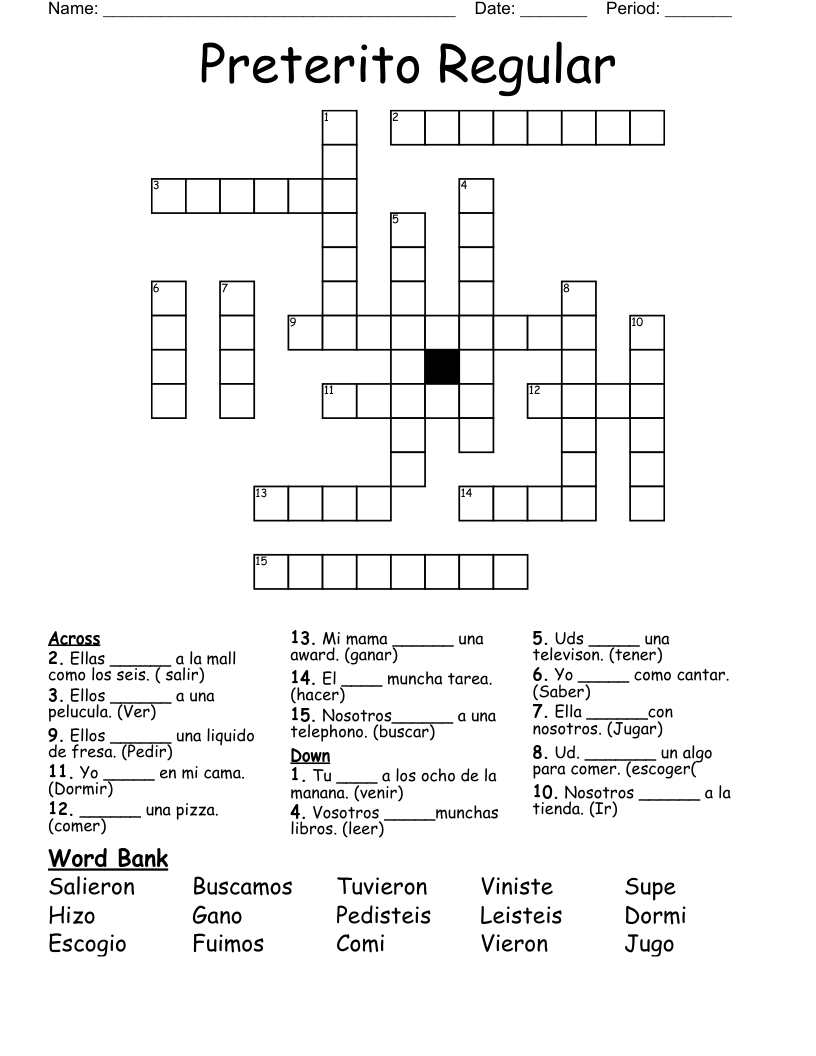 Preterito Regular Crossword